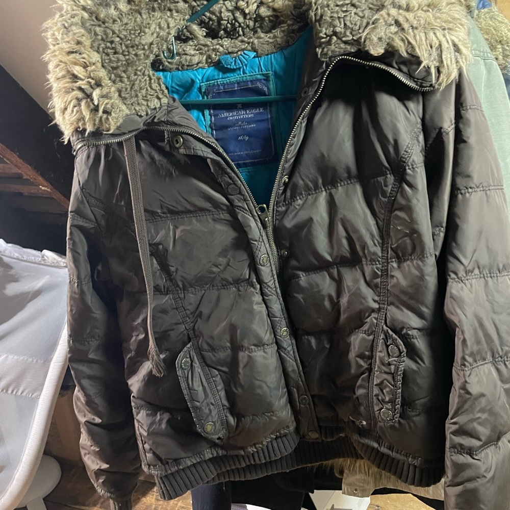 Brown Puffer Jacket with Fur Hood